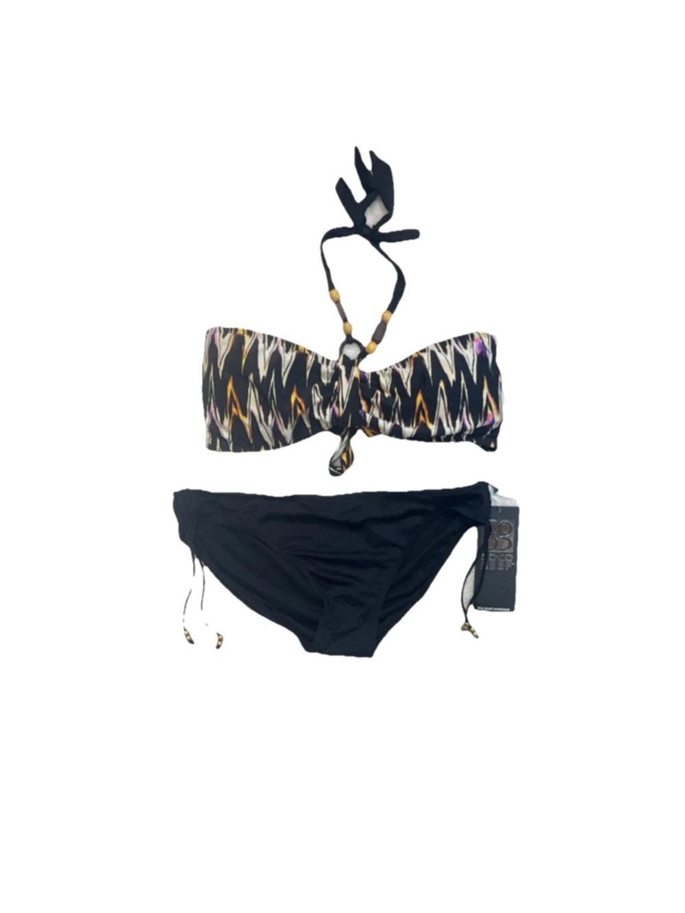 Two-Piece Bandeau Bikini Set - Black with Multicolor Print
